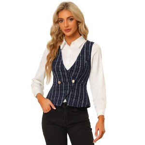 Allegra K Women's Vintage Tweed Double Breasted Sleeveless Plaid Waistcoat Vest - 1 of 4