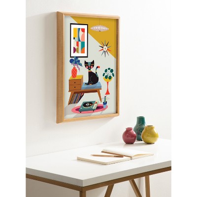 Mid-Century Modern Cat Art on Canvas with Natural Frame