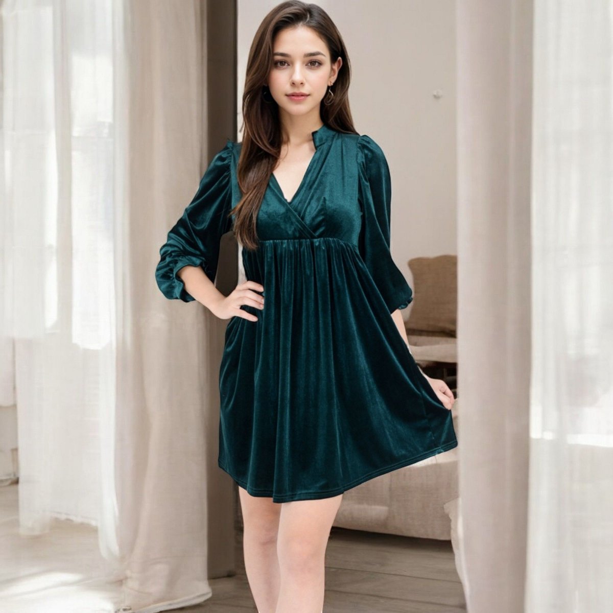 Женские платья Anna-Kaci Women's Velvet Dress with V-Neck and Long Sleeves - Small, Olive Green — фото 2