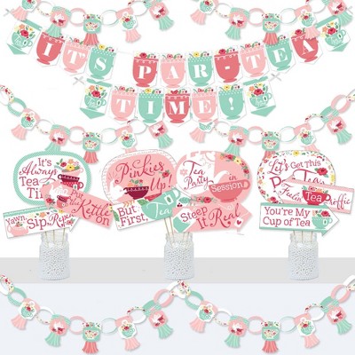 Big Dot of Happiness Floral Let's Par-Tea - Banner and Photo Booth Decorations - Garden Tea Party Supplies Kit - Doterrific Bundle