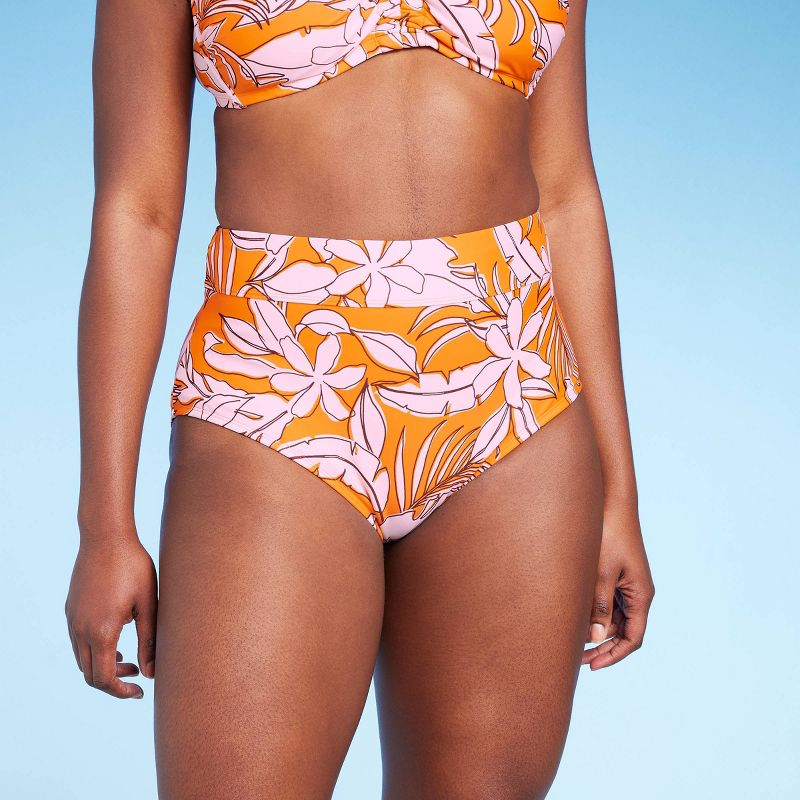 Women's Tropical Print Tummy Control Full Coverage High Waist Bikini Bottom - Kona Sol™ Orange, 5 of 19