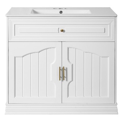 Vynxaria 36 in. 1 Freestanding White Bath Vanity with White Ceramic Top All Assembly Required