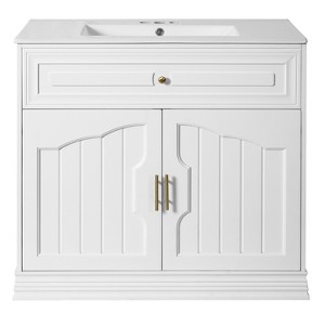Vynxaria 36 in. 1 Freestanding White Bath Vanity with White Ceramic Top All Assembly Required - 1 of 4