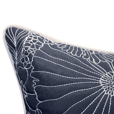 Navy and White Embroidered Floral Square Throw Pillow