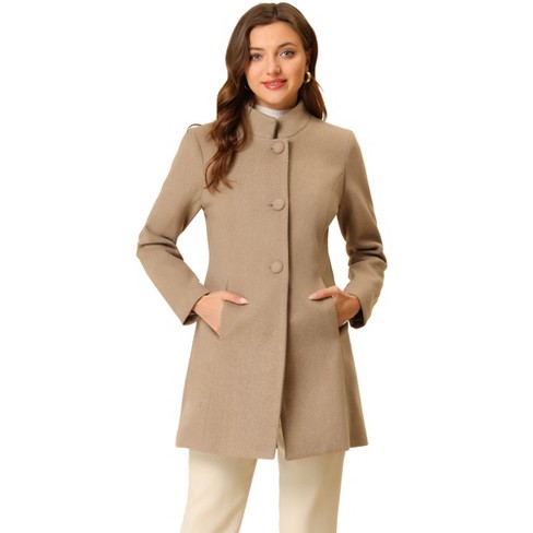 Allegra K Women's Winter Stand Collar Single Breasted Mid-thigh Long  Overcoat Light Brown Large