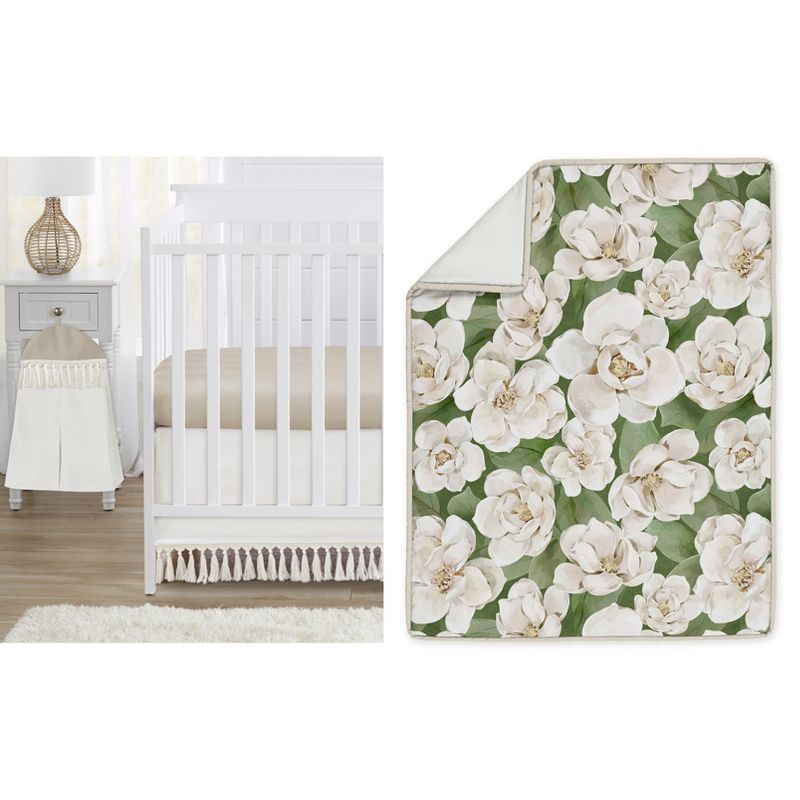 Sweet Jojo Designs Girl Baby Crib Bedding Set - Watercolor Magnolia Green Ivory and Taupe 4pc, 1 of 8