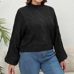 Women's Fall Winter Sweater Lantern Balloon Long Sleeve Cable Knit Short Pullover Sweater Tops Casual Mock Half Turtleneck Sweater - 1 of 4
