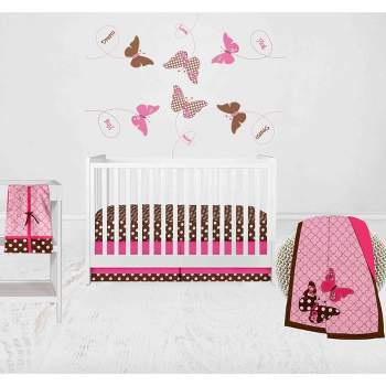 Bacati - Buttefly Pink Chocolate 4 pc Crib Bedding Set with Diaper Caddy