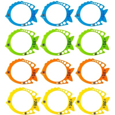 Juvale 12 Pack Fish Shaped Pool Diving Rings for Kids' Birthday Party, Summer Outdoor Essentials, Multicolored, 7 x 6 in