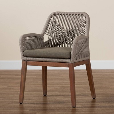 Gray Woven Rope Mahogany and Aluminum Dining Arm Chair