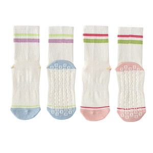 Anna-Kaci Women's 2-Pair Set Crew Athletic Socks with Striped Cuffs and Full Sole Grip for Yoga Fitness - 1 of 4