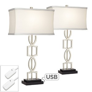 360 Lighting Evan Modern Table Lamps 28 1/2" Tall Set of 2 Brushed Nickel with USB Charging Port Table Top Dimmers White Rectangular Shade for Bedroom - 1 of 4
