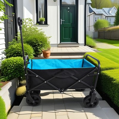 FURNIinspire Wheelbarrows And Lawn Carts Outdoor Mini Folding Wagon Garden Shopping Beach Cart, Lawn Cart With Handle, Black And Blue, 30“*15"*36"