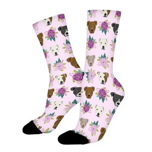 Pitbull Faces Lavender Florals Women Printed Crew Socks Funny Funky Socks Soft Polyester Novelty Gifts for Artists Men - 1 of 1