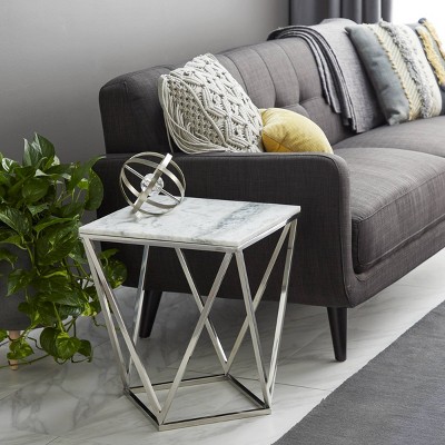 Elegant Silver Stainless Steel & Marble Square Accent Table - 18" x 21"