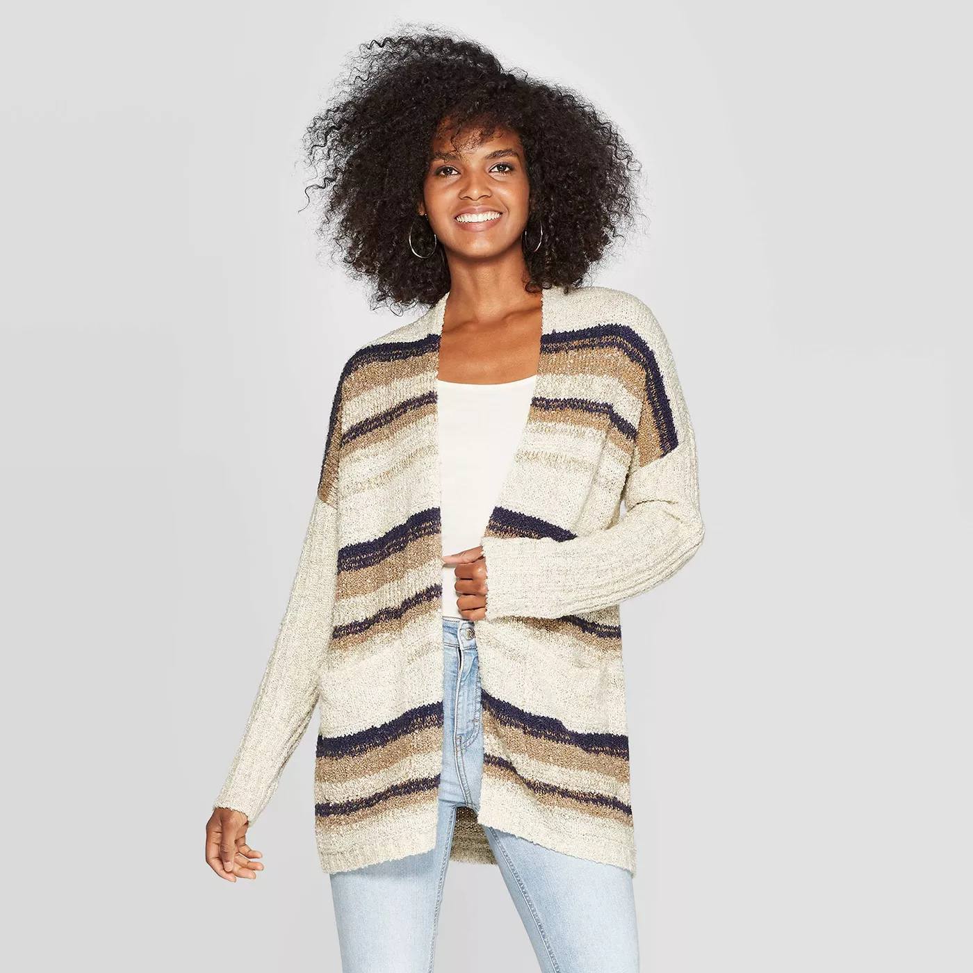 Women's Striped Long Sleeve Open Cardigan With Pockets - Knox Rose™ Cream - image 1 of 2