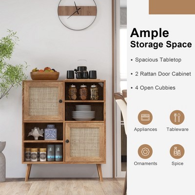 Natural Wood Mid-Century Modern Rattan Door Sideboard