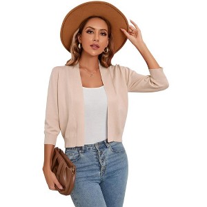 Women s 3/4 Sleeve Cropped Cardigan Sweaters Open Front Knit Short Bolero Shrugs Beige XXL - 1 of 4