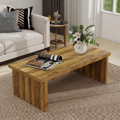 Farmhouse Rectangular Coffee Table, 47 Inch Low Natural Brown Coffee, Mid Century Modern Thick Wooden Minimalist Table