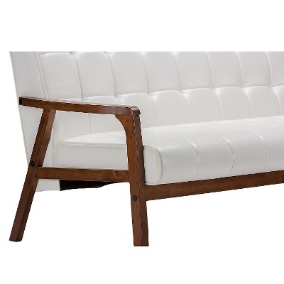 Elegant White Faux Leather Tufted Sleeper Sofa with Wood Accents