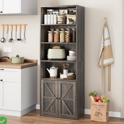 Farmhouse-Industrial Freestanding Bookshelf - 71.4"H Gray Wash Storage with Enclosed Cabinet & Open Shelves