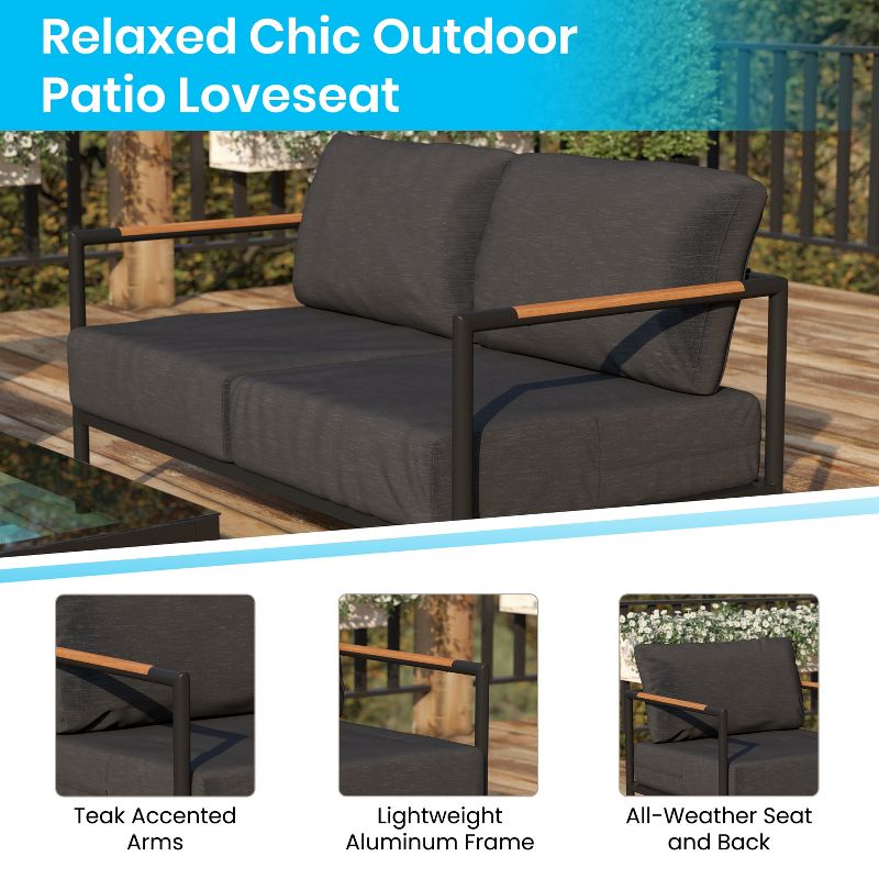 Flash Furniture Indoor/Outdoor Patio Loveseat with Cushions - Modern Aluminum Framed Loveseat with Teak Accent Arms, 4 of 12