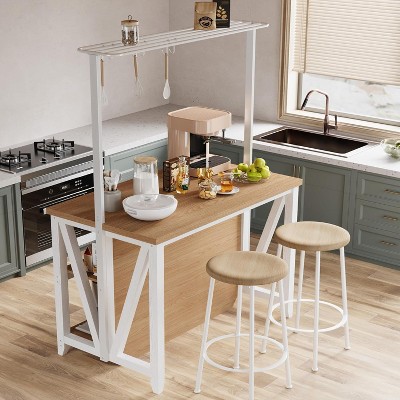 Wooden Kitchen Island with Power Outlet & LED Lights - Bakers Rack with Storage, 3-Tier Microwave/Oven Stand, Coffee Bar Table with 6 Hooks