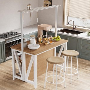 Wooden Kitchen Island with Power Outlet & LED Lights - Bakers Rack with Storage, 3-Tier Microwave/Oven Stand, Coffee Bar Table with 6 Hooks - 1 of 4