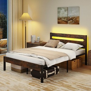 Costway Full Size Bed Frame with Built-in Charging Station Sturdy Mattress Foundation Rustic Brown + Black/Walnut + Black - 1 of 4