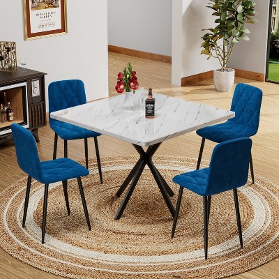 CAVINAS Dining Table Set for 4 Square Dining Table Set Modern Faux Marble Tabletop Iron Legs