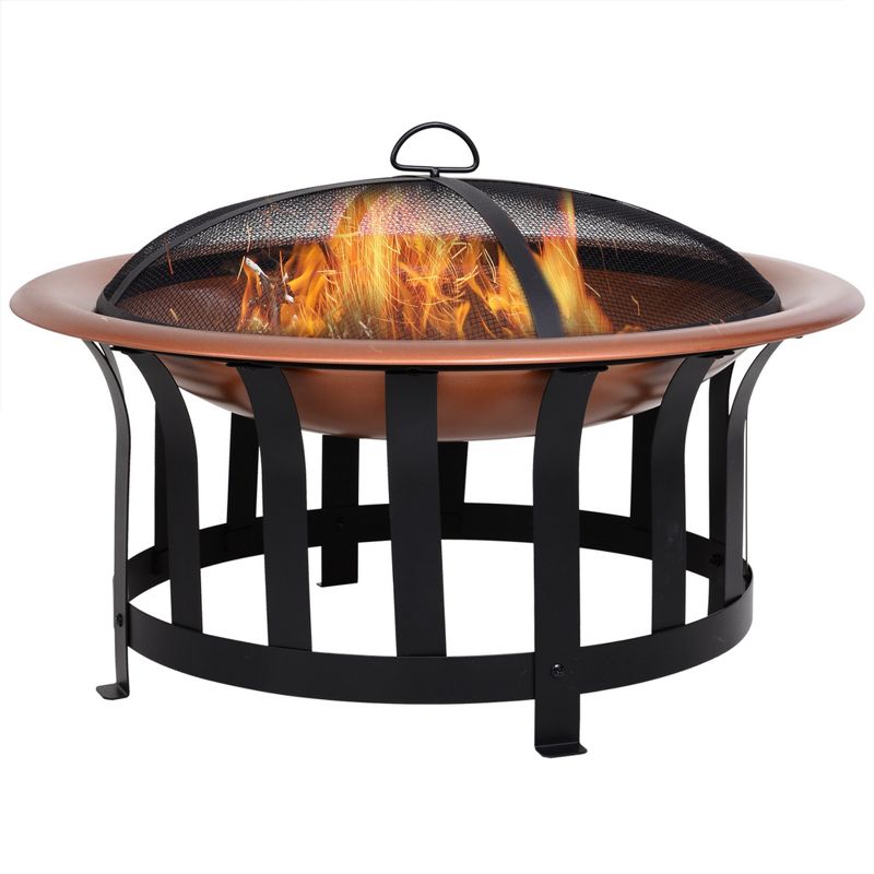 Outsunny 30" Outdoor Fire Pits, Copper-Colored Round Metal Camping Fire Pit, Firepit with Black Ornate Base, Poker, & Mesh Screen for Ember Protection, 4 of 9