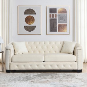 TiramisuBest 77" Modern 3-Seater Velvet Sofa, Tufted Backrests & Nailhead Trim with 2 Cushions for Living Room, Bedroom & Office - Beige - 1 of 4