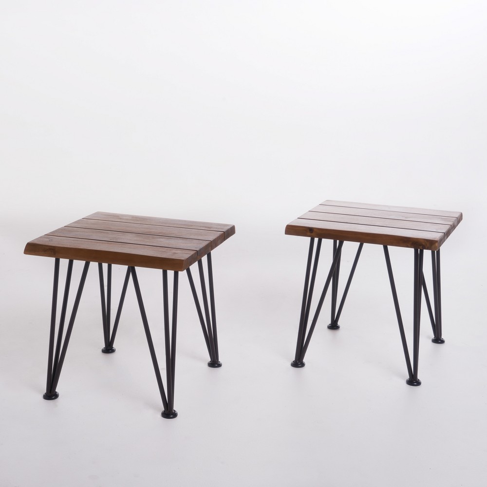Zion Set of 2 Industrial Side Table: Weather-Resistant Acacia & Iron - Christopher Knight Home