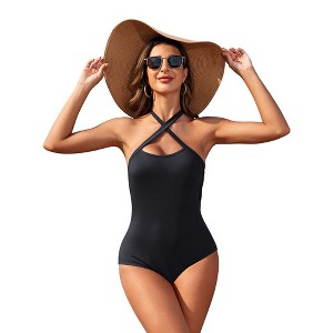 Women's Criss Cross Sleeveless Halter Neck Bodysuits Tops Going Out Summer Tank Tops - 1 of 4