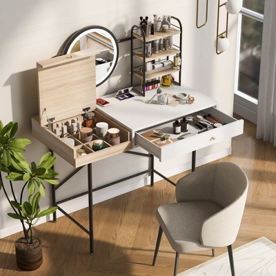 NicBex Vanity Desk with Mirror 40" Vanity Table with Mirror, Wireless Charging Station, Classic Wood Makeup Vanity with 3 Open Shelves