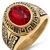 Steeltime Men's stainless steel greek key accented ring with red simulated diamond. Color Options: Silver, Gold. Size Options: 9-12 - 2 of 4