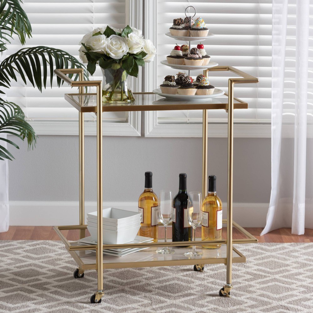 Photos - Garden & Outdoor Decoration Louise Metal and Marble 2 Tier Wine Cart Gold/White Marble - Baxton Studio