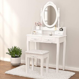 DOMETOUR Vanity Table Set with 4 Drawer, Makeup Dressing Table w/Cushioned Stool, Girls Women Bedroom Furniture Set Oval Mirror - 1 of 4