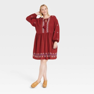 Women's Plus Size Balloon Long Sleeve Embroidered Dress - Knox Rose™ Maroon  2x : Target