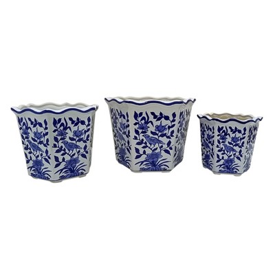 Sagebrook Home 3pc Chinoiserie Bird Veramic Indoor Outdoor Planter Pots Blue/White