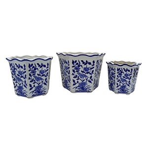 Sagebrook Home 3pc Chinoiserie Bird Veramic Indoor Outdoor Planter Pots Blue/White - 1 of 1