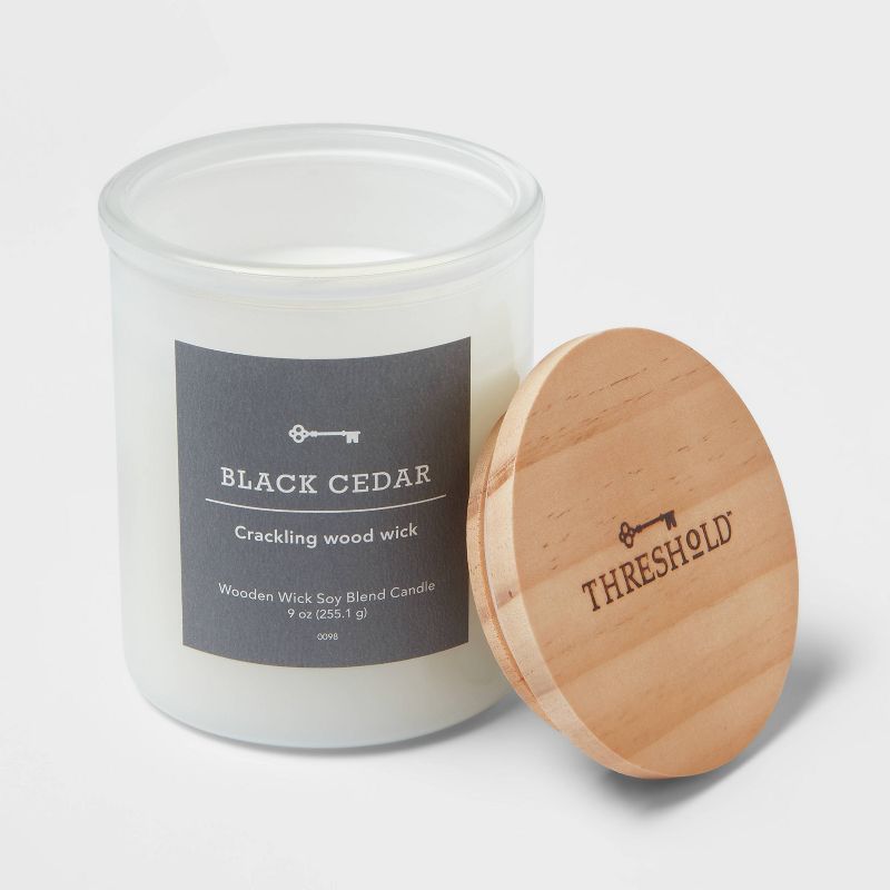 Milky White Glass Black Cedar Lidded Wooden Wick Jar Candle 9oz - Threshold&#8482;, 3 of 4