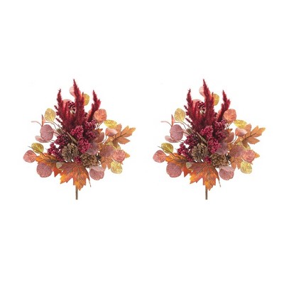 Rustic Red and Brown Fall Foliage Bush Set with Pinecones
