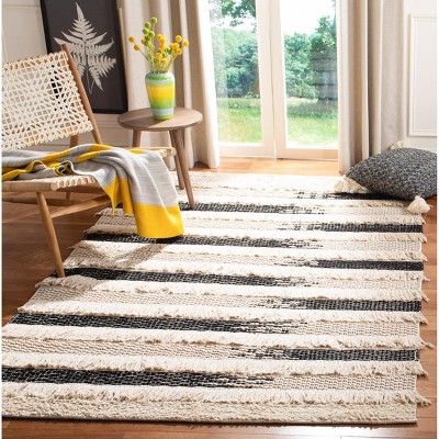 Ivory and Black Striped Wool Cotton Area Rug, 5' x 8'