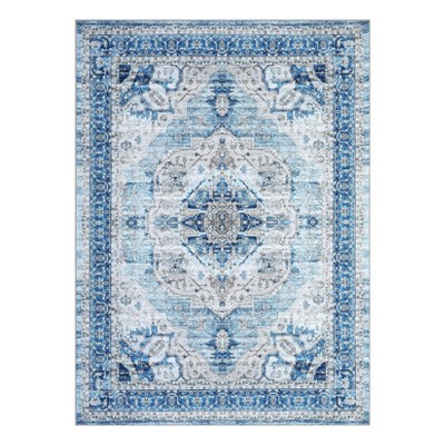 Washable Vintage Oriental Rug Non Slip Low Pile Rug Soft Throw Floor Cover Retro Medallion Foldable Indoor Carpet for Living Room Bedroom Playroom