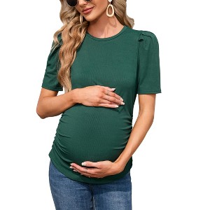 Maternity Tops Women's Casual Ribbed Round Neck Puff Short Sleeve Ruched Side Tunic Blouses Shirts Pregnancy Clothes - 1 of 4
