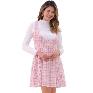 Allegra K Women's U Neck Plaid Tweed Mini Length Overalls Pinafore Dress - 1 of 4