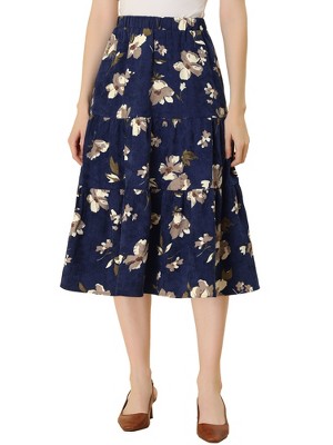 INSPIRE CHIC Women's Corduroy Elastic Waist Warm Fall A-Line Pockets Tiered Floral Midi Skirt