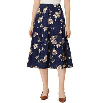 Allegra K Women's Corduroy Elastic Waist Warm Fall A-Line Pockets Tiered Floral Midi Skirt Navy M