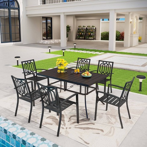 7pc Captiva Designs Patio Dining Set Black Steel Rectangle Table 6 Arm Chairs Weather Resistant Umbrella Hole